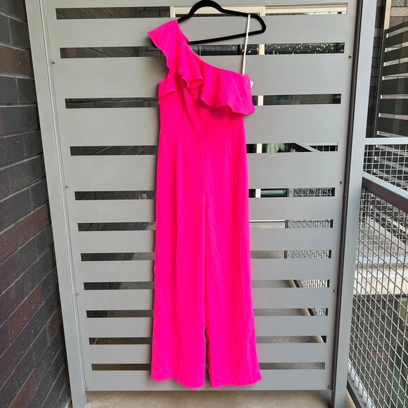 NWT Lilly Pulitzer Lyra Hot Pink Raz Berry One Shoulder Ruffle Jumpsuit Size 4 - Picture 2 of 6